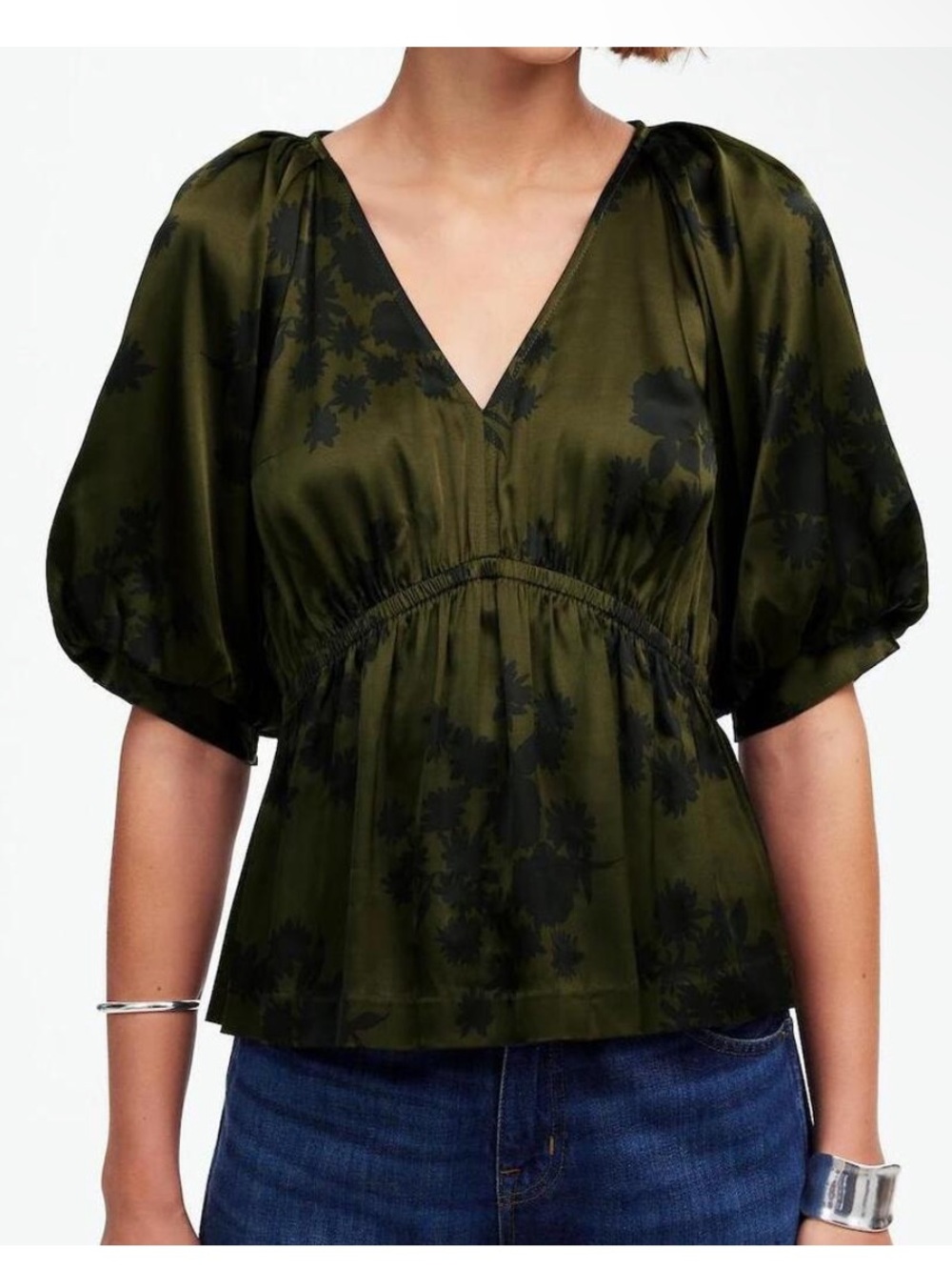 NWT Madewell Olive Green Shirred Puff Sleeve Top in Satin